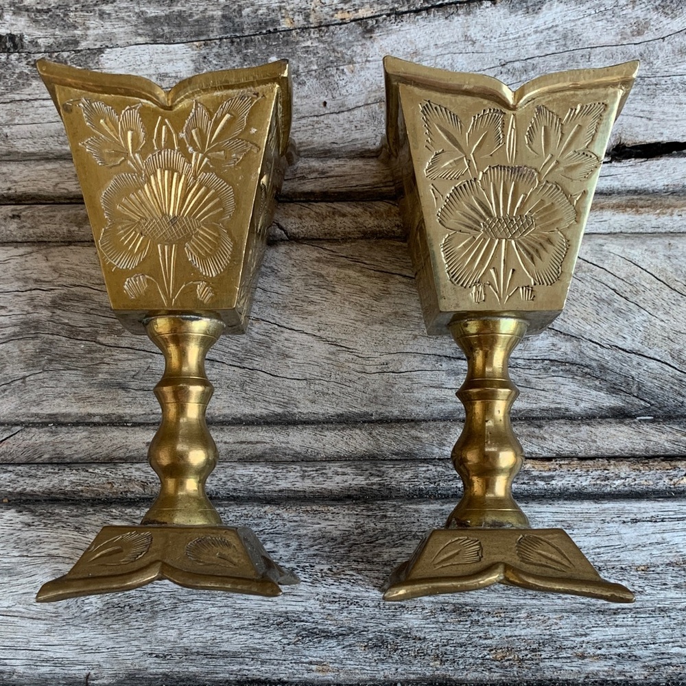 Vintage Brass Floral Saudi Arabian Candle Holders or Decorative Piece - Picture 3 of 12